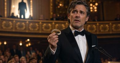 Fictional actor holding an old hospital bracelet during an awards ceremony