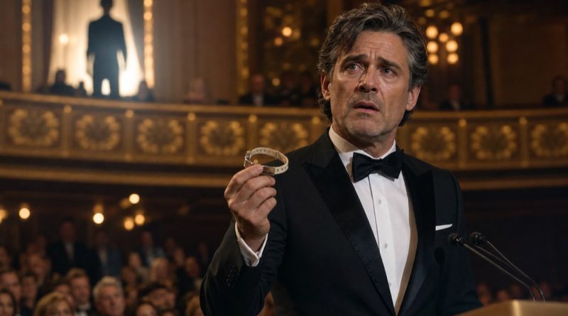 Fictional actor holding an old hospital bracelet during an awards ceremony