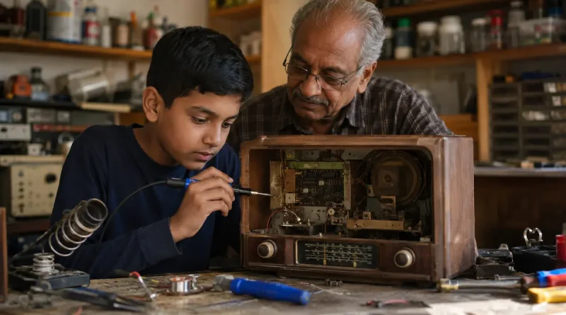 Young boy repairing a vintage radio beside his grandfather in a cluttered garage