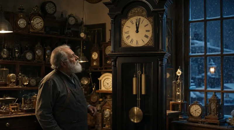 Elderly clockmaker standing beside a tall antique clock stopped just before midnight