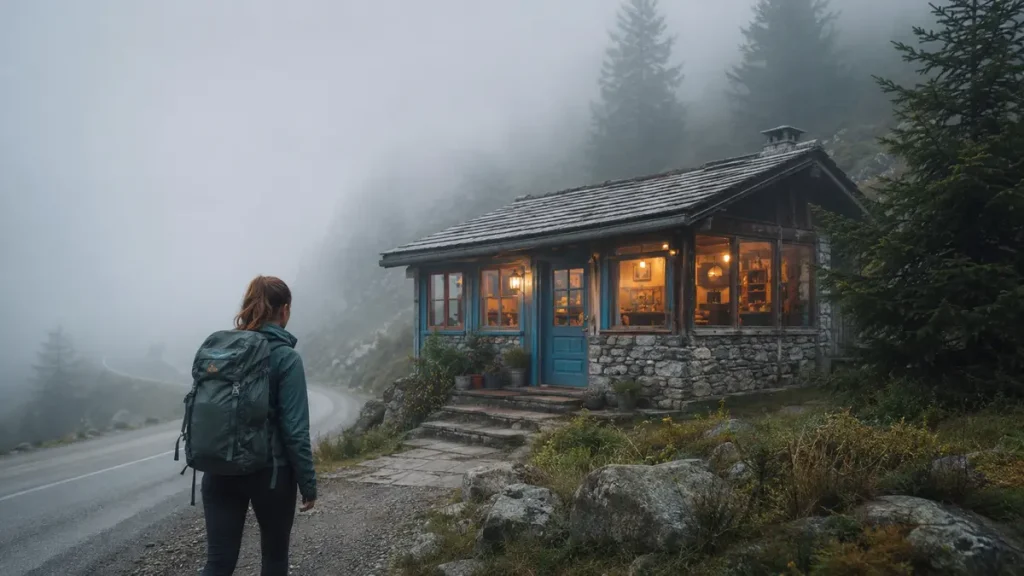 Small warmly lit mountain café appearing through dense fog beside a winding road