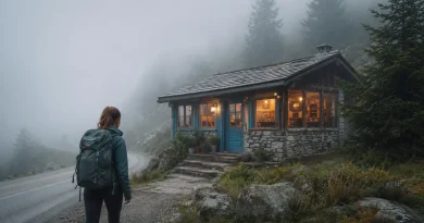 Small warmly lit mountain café appearing through dense fog beside a winding road