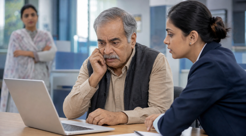 An older man reviewing suspicious bank transfers with a bank employee