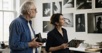 Older photographer holding a vintage camera while viewing faceless portraits in a quiet studio