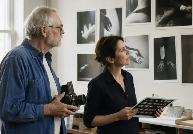 Older photographer holding a vintage camera while viewing faceless portraits in a quiet studio