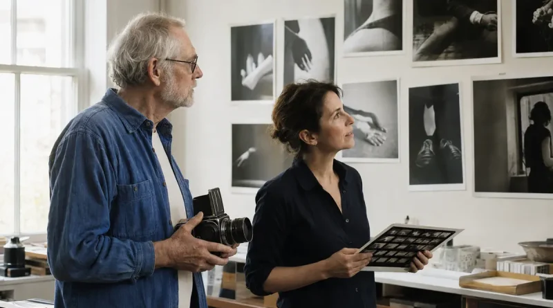Older photographer holding a vintage camera while viewing faceless portraits in a quiet studio