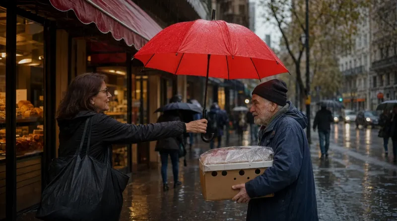Bright red umbrella being passed between strangers on a rainy city street
