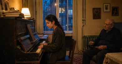 Young girl sitting at an old upright piano with an elderly neighbor in a warm apartment