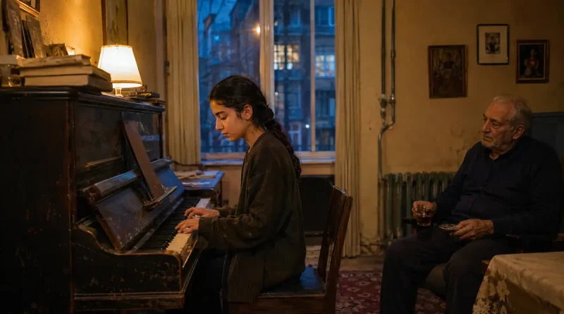 Young girl sitting at an old upright piano with an elderly neighbor in a warm apartment