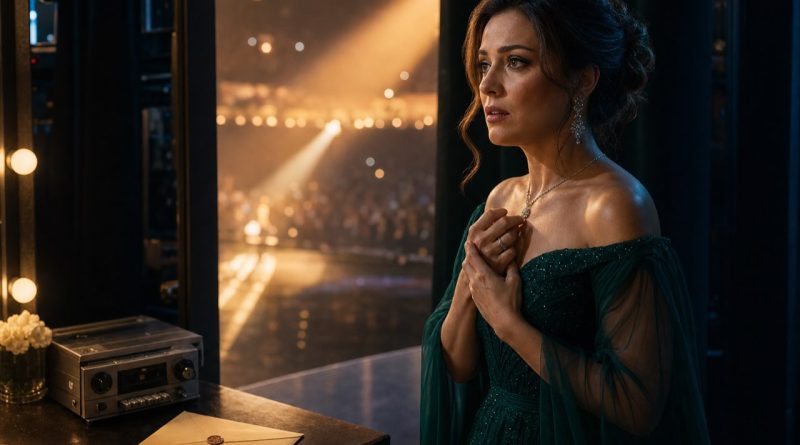 Fictional singer backstage hearing her missing sister's recorded voice