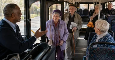 Friendly city bus driver greeting elderly passengers on a quiet Sunday morning