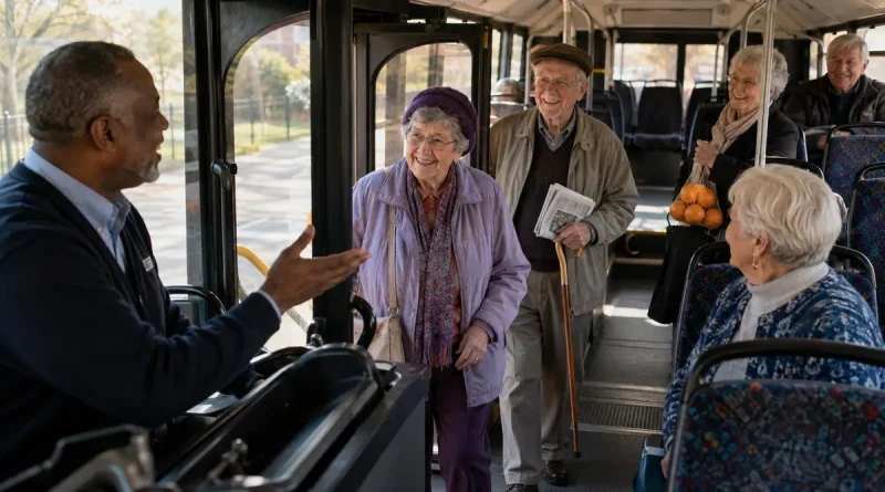 Friendly city bus driver greeting elderly passengers on a quiet Sunday morning