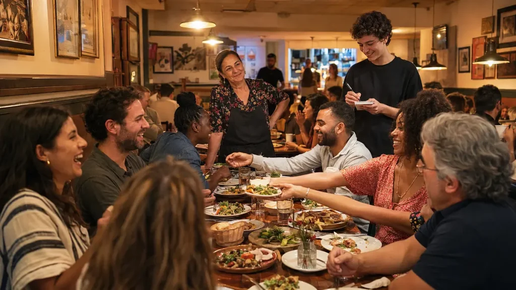 Diverse restaurant guests laughing as they share mismatched dinner plates at a long table