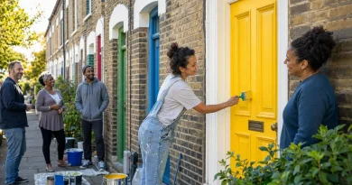 Woman painting a front door bright yellow on a colorful neighborhood street