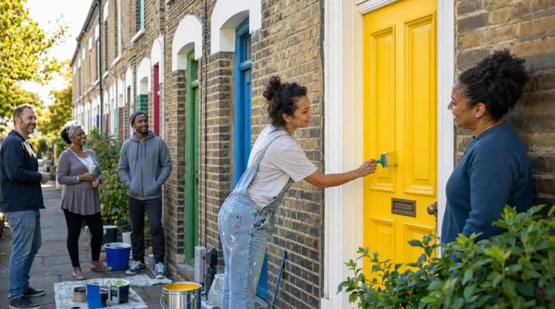 Woman painting a front door bright yellow on a colorful neighborhood street