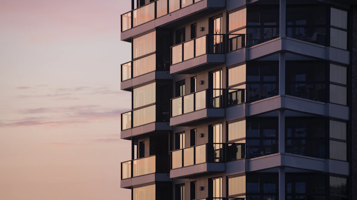 A modern apartment building in the evening.