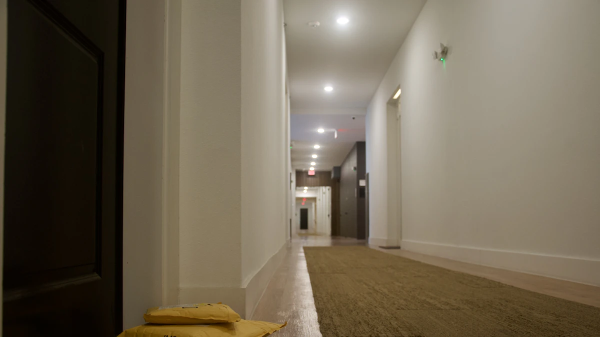 An apartment doorway and hallway with items left outside.