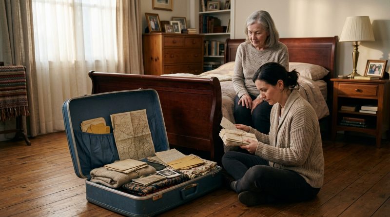 An adult daughter discovers an old packed suitcase beneath her mother's bed.