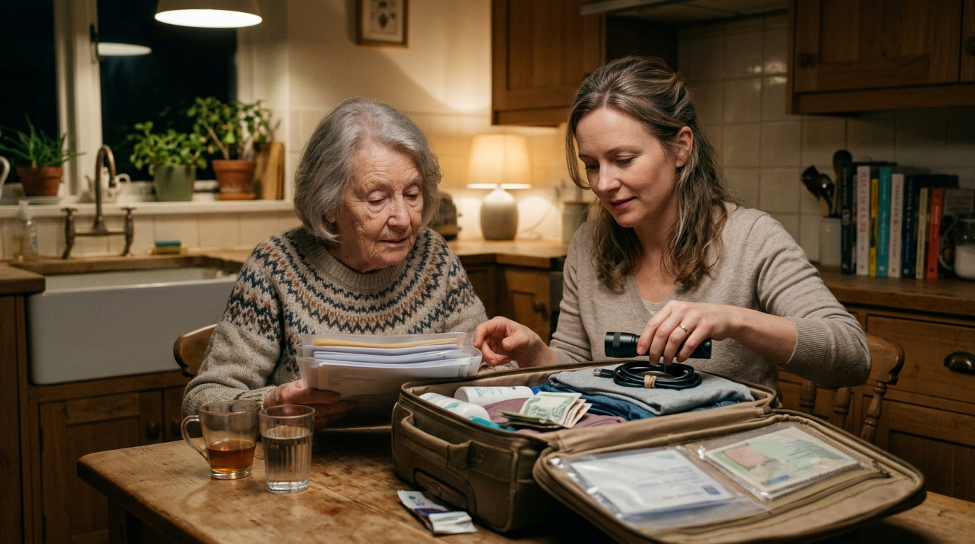 An older mother and her adult daughter reorganize an emergency suitcase together at the kitchen table.