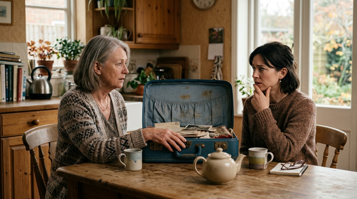 An older mother and her adult daughter discuss an old suitcase at the kitchen table.