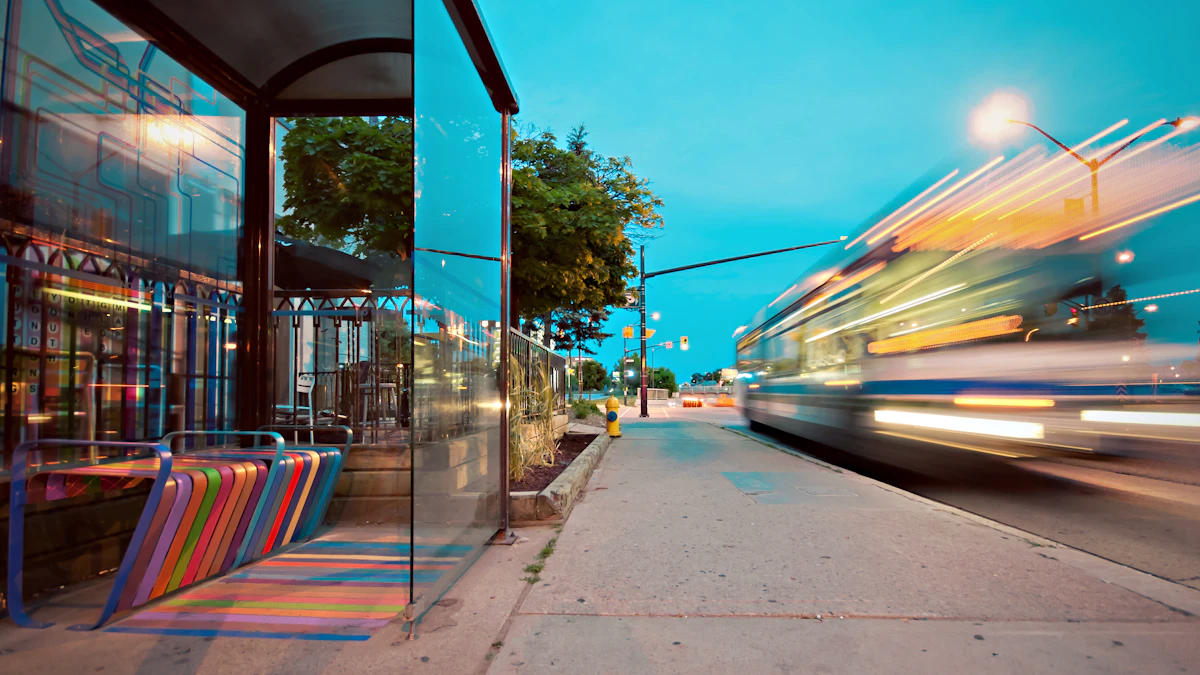 A modern city bus shelter beside a public transit route.