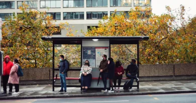 A passenger waiting at a city bus stop in the evening.