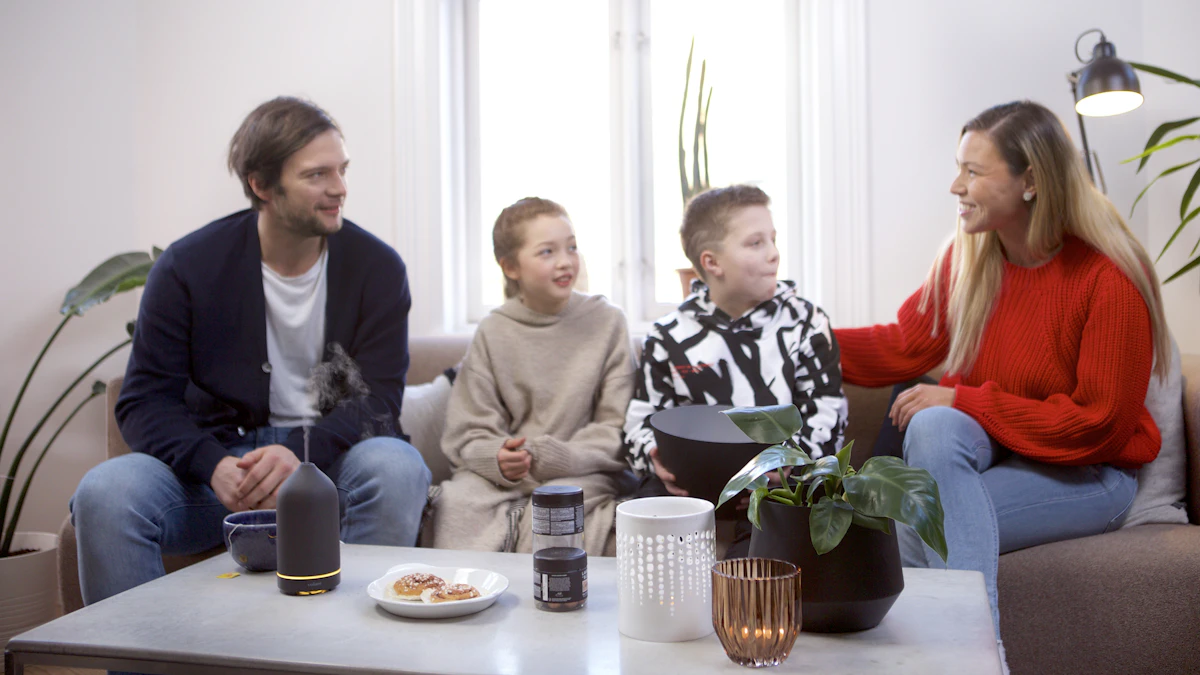 Family members having a serious conversation together in a living room.