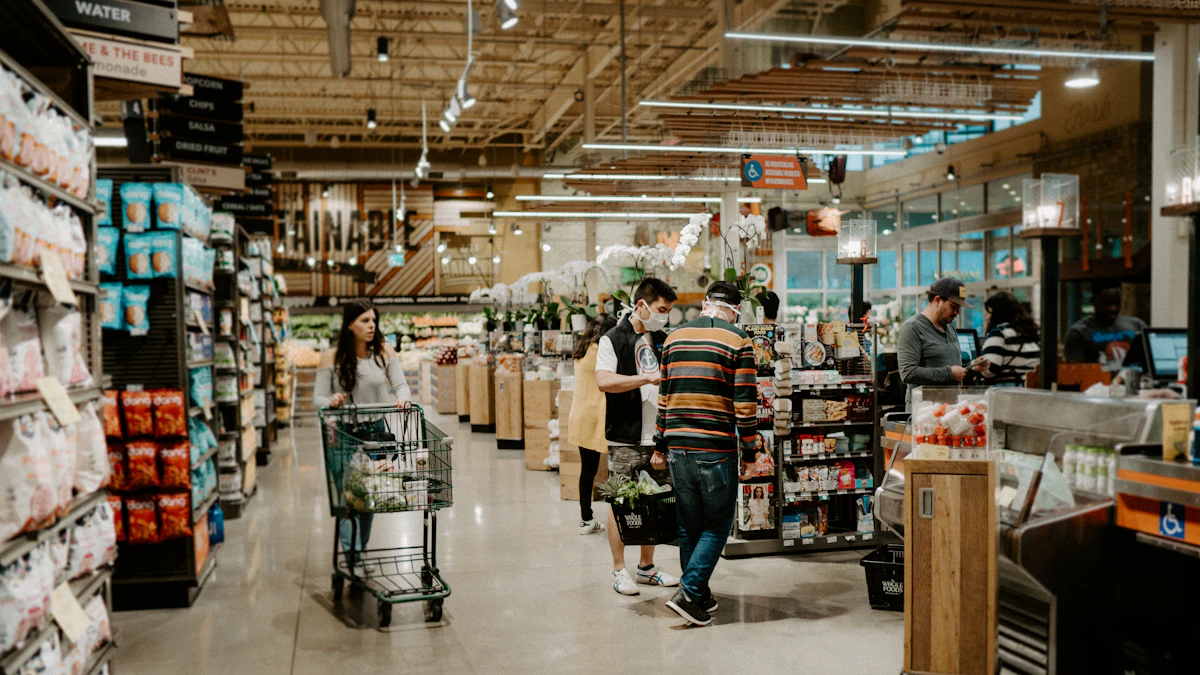A grocery checkout counter during a customer transaction.