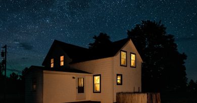 A house and porch illuminated at night.