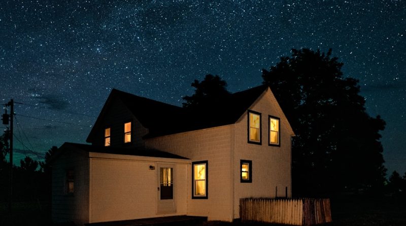 A house and porch illuminated at night.