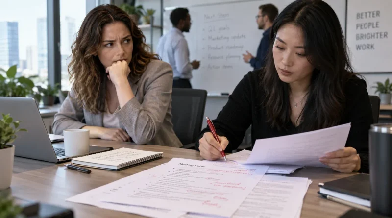 Team reviewing revised meeting notes during a workplace discussion