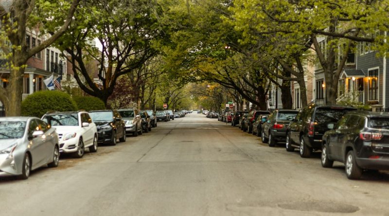Cars parked along a neighborhood street near residential driveways.