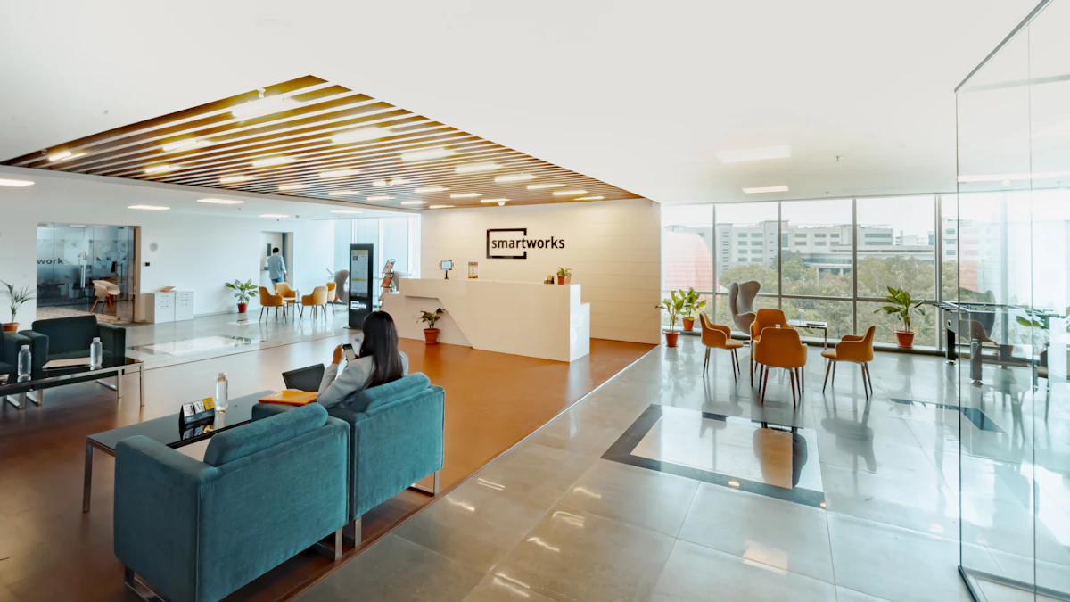 A modern office reception and waiting area.