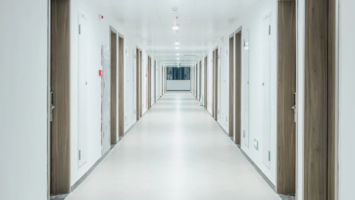 A long apartment hallway with several doors.