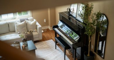 An upright piano in a living room.