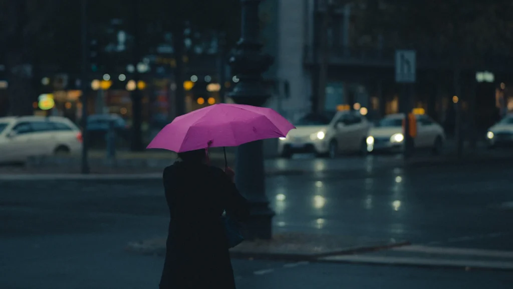 A person walking with an umbrella on a rainy city street.