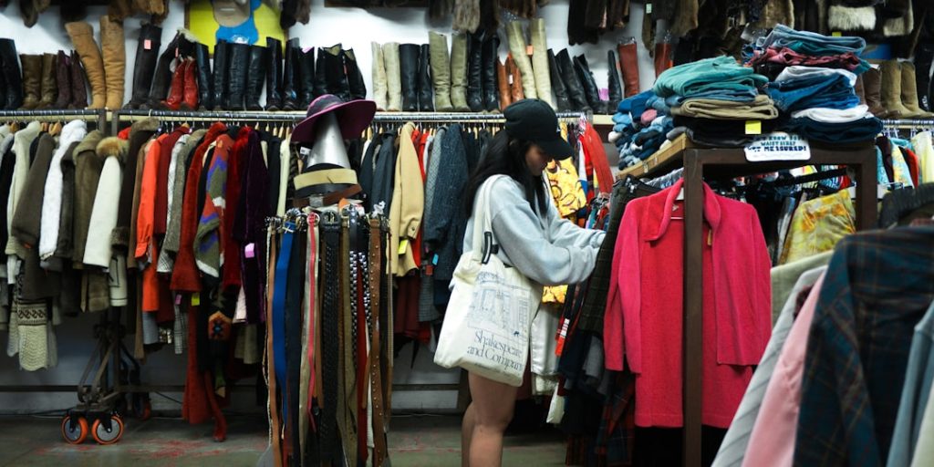 A shopper browsing vintage clothing in a thrift store.