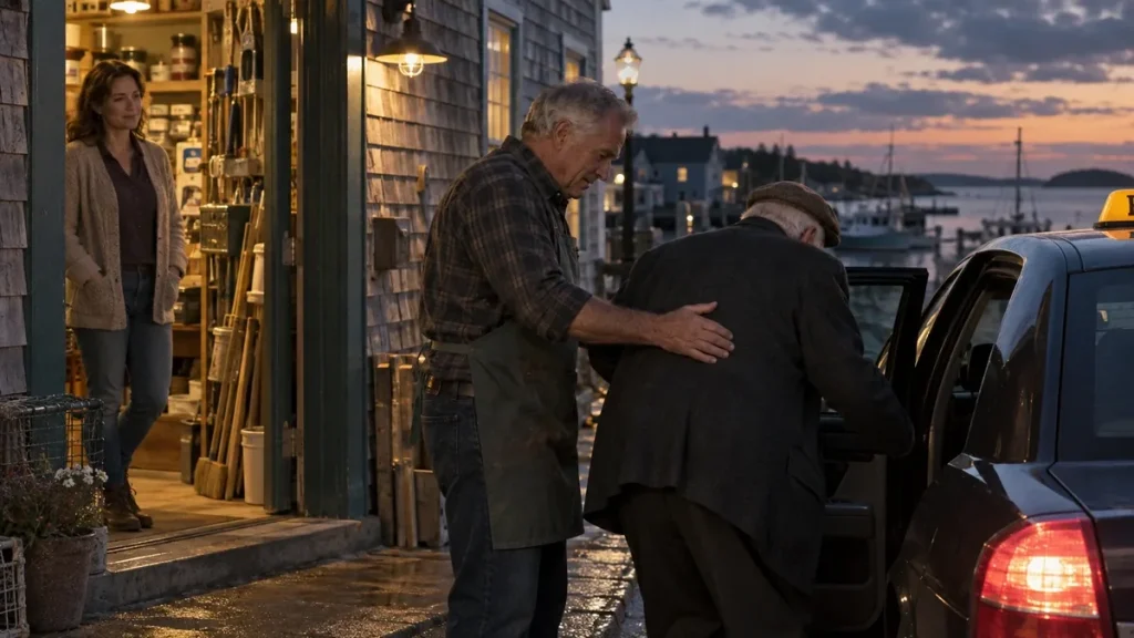 Older hardware-store owner helping an elderly former employee into a taxi while his daughter watches from the shop doorway.