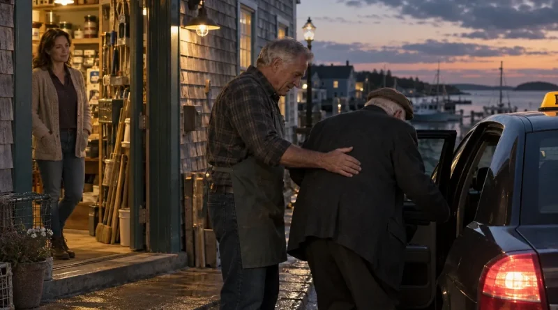Older hardware-store owner helping an elderly former employee into a taxi while his daughter watches from the shop doorway.