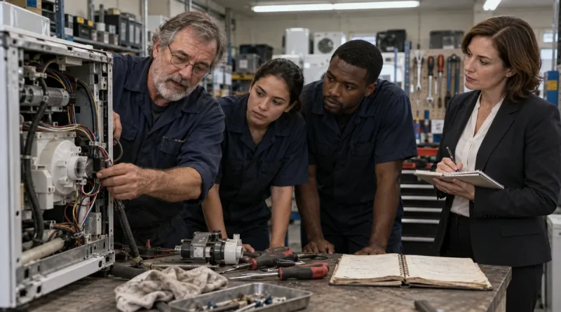 Veteran appliance technician demonstrating a repair to coworkers while a new manager observes in the workshop.