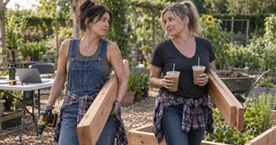 Two longtime friends carrying cedar boards through a community garden during a tense conversation.