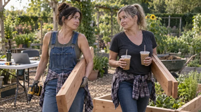 Two longtime friends carrying cedar boards through a community garden during a tense conversation.