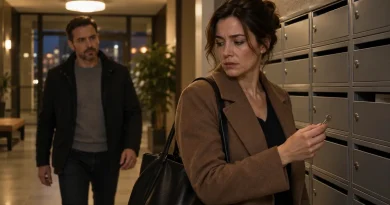 Woman holding an unfamiliar mailbox key in an apartment mailroom as her husband approaches.