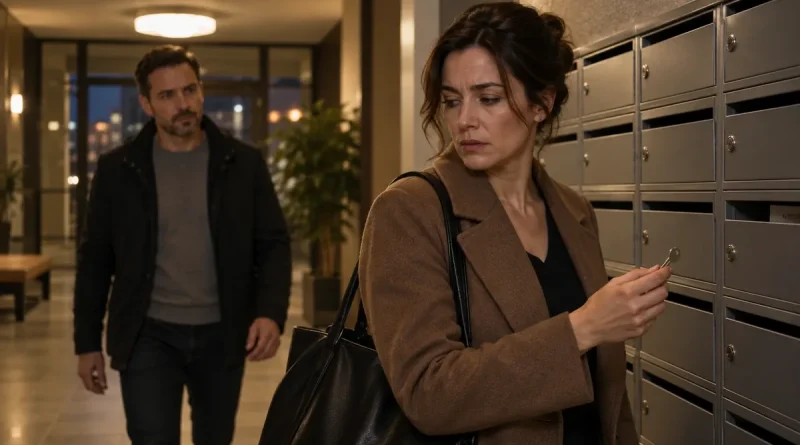 Woman holding an unfamiliar mailbox key in an apartment mailroom as her husband approaches.