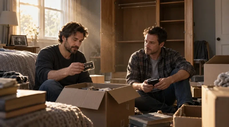 Two adult brothers sorting old cassette tapes while clearing their late mother's bedroom.