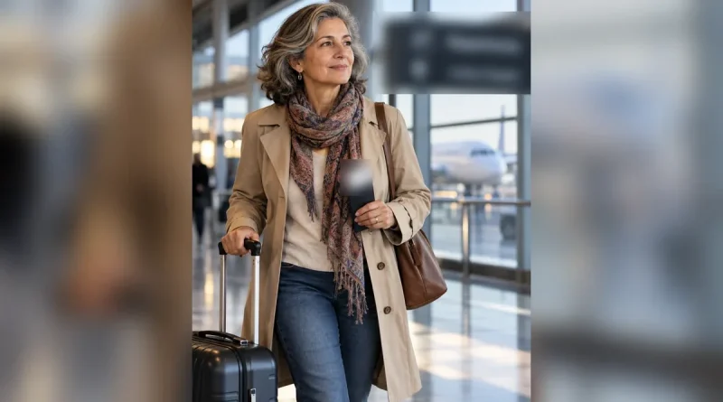 Older mother traveling alone through an airport as her adult son waits at arrivals.